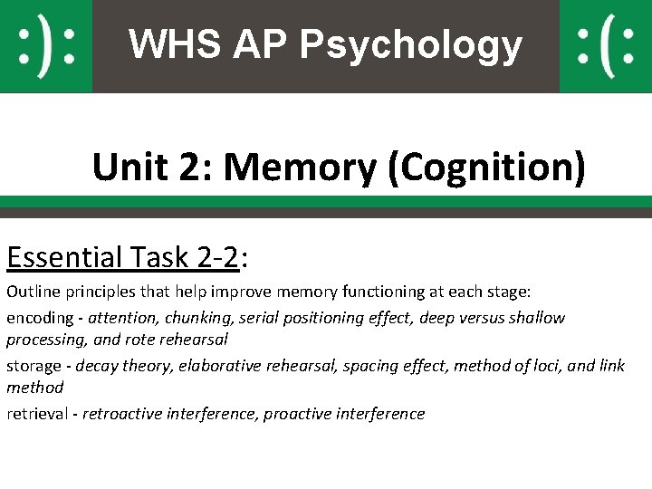 WHS AP Psychology Unit 2: Memory (Cognition) Essential Task 2 -2: Outline principles that