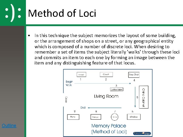 Method of Loci • In this technique the subject memorizes the layout of some