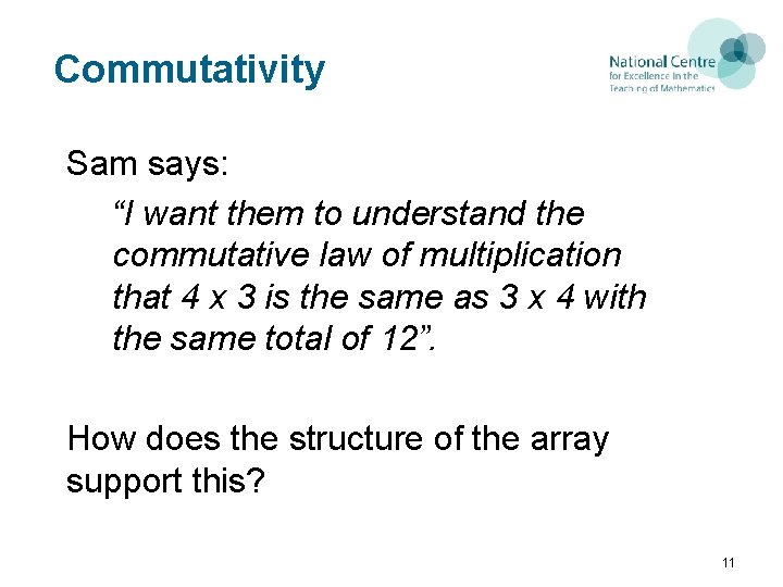 Commutativity Sam says: “I want them to understand the commutative law of multiplication that