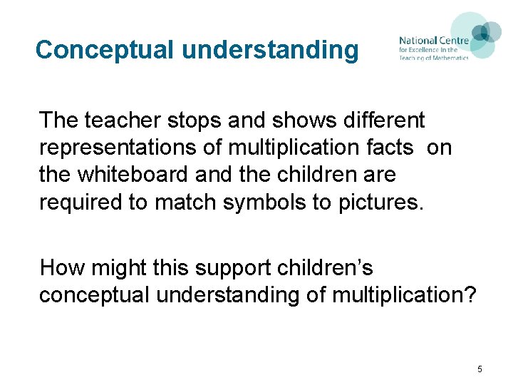 Conceptual understanding The teacher stops and shows different representations of multiplication facts on the