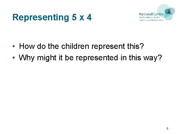 Representing 5 x 4 • How do the children represent this? • Why might