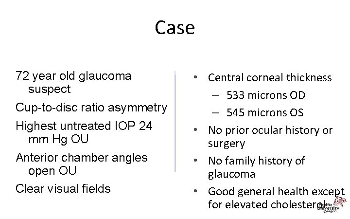 Case 72 year old glaucoma suspect Cup-to-disc ratio asymmetry Highest untreated IOP 24 mm