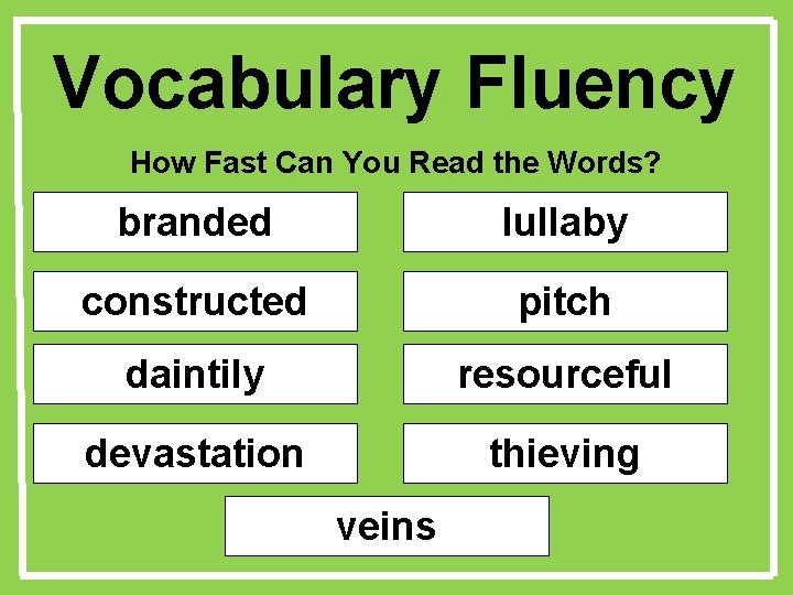 Vocabulary Fluency How Fast Can You Read the Words? branded lullaby constructed pitch daintily