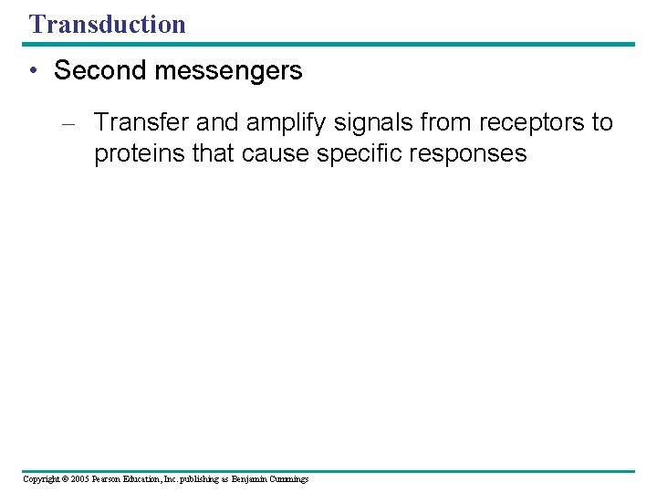 Transduction • Second messengers – Transfer and amplify signals from receptors to proteins that