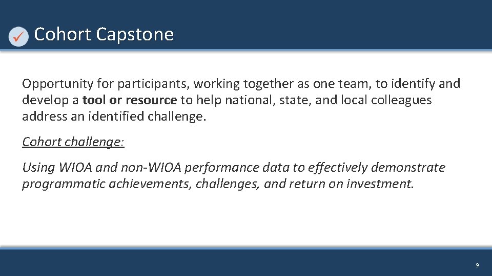 Cohort Capstone Opportunity for participants, working together as one team, to identify and develop