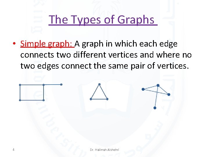 The Types of Graphs • Simple graph: A graph in which each edge connects
