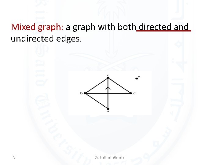Mixed graph: a graph with both directed and undirected edges. 9 Dr. Halimah Alshehri