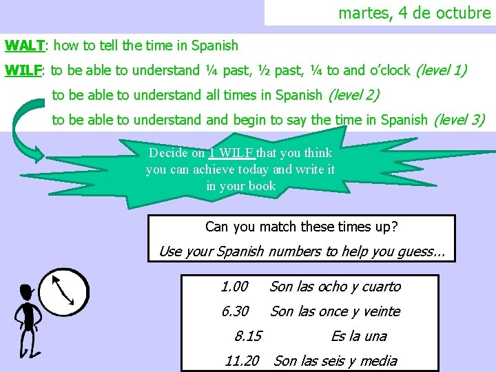 martes, 4 de octubre WALT: how to tell the time in Spanish WILF: to