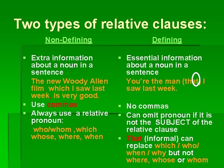 Two types of relative clauses: Non-Defining § Extra information about a noun in a