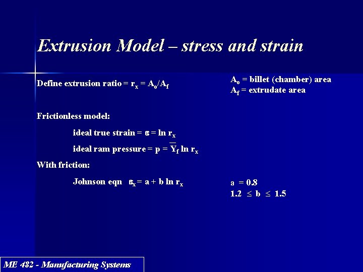 Extrusion Model – stress and strain Define extrusion ratio = rx = Ao/Af Ao