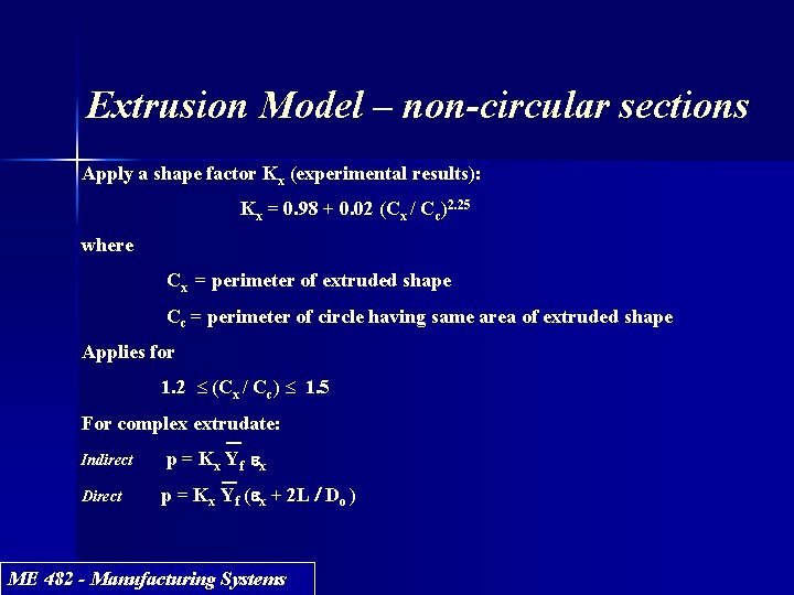 Extrusion Model – non-circular sections Apply a shape factor Kx (experimental results): Kx =