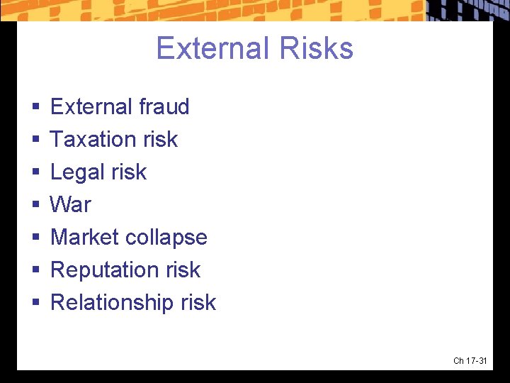 External Risks § § § § External fraud Taxation risk Legal risk War Market