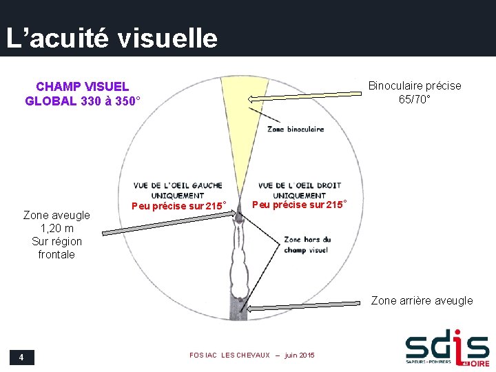 L’acuité visuelle CHAMP VISUEL GLOBAL 330 à 350° Zone aveugle 1, 20 m Sur