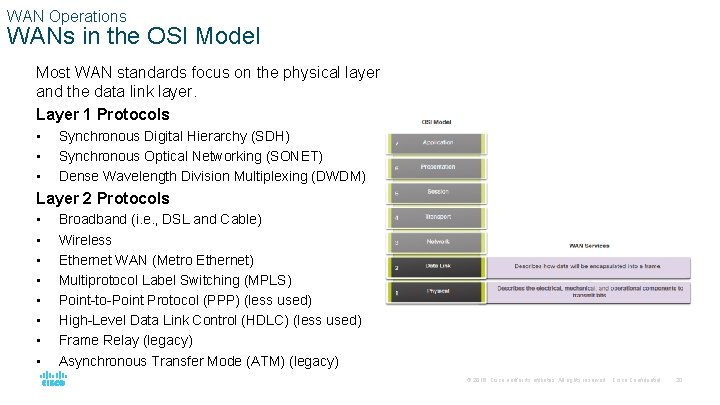 WAN Operations WANs in the OSI Model Most WAN standards focus on the physical