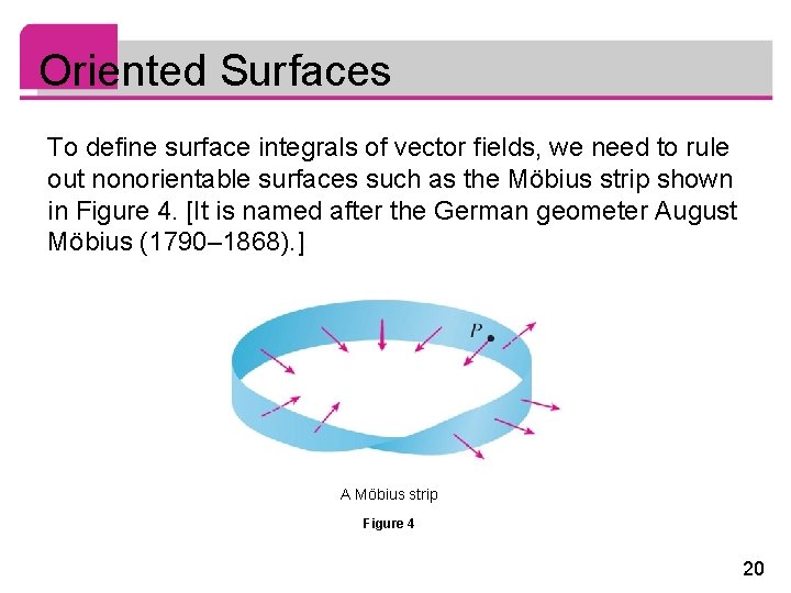 Oriented Surfaces To define surface integrals of vector fields, we need to rule out