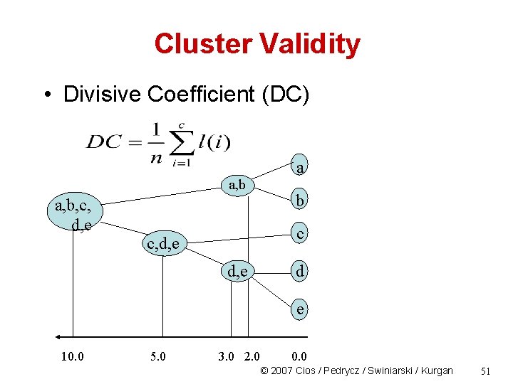 Cluster Validity • Divisive Coefficient (DC) a a, b, c, d, e b c