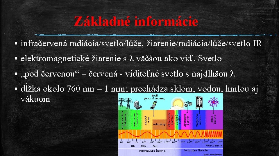 Základné informácie § infračervená radiácia/svetlo/lúče, žiarenie/radiácia/lúče/svetlo IR § elektromagnetické žiarenie s λ väčšou ako