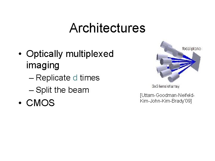 Architectures • Optically multiplexed imaging – Replicate d times – Split the beam •