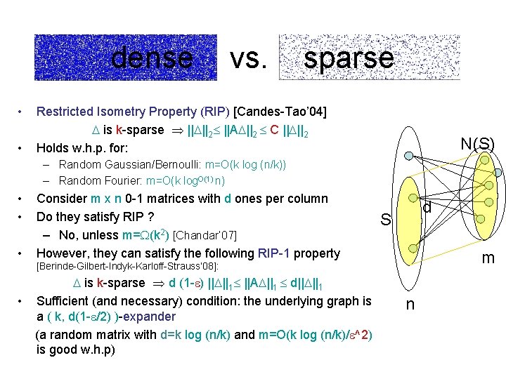 dense vs. sparse • • Restricted Isometry Property (RIP) [Candes-Tao’ 04] is k-sparse ||