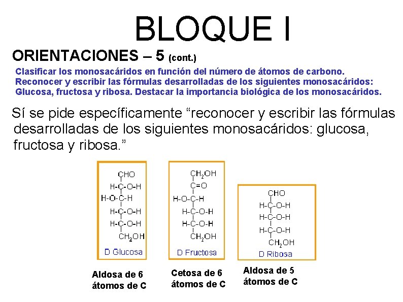 BLOQUE I ORIENTACIONES – 5 (cont. ) Clasificar los monosacáridos en función del número