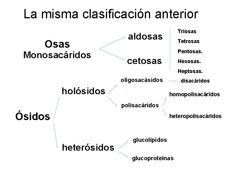 La misma clasificación anterior Osas Monosacáridos Triosas aldosas Tetrosas Pentosas. cetosas Hexosas. Heptosas. oligosacásidos