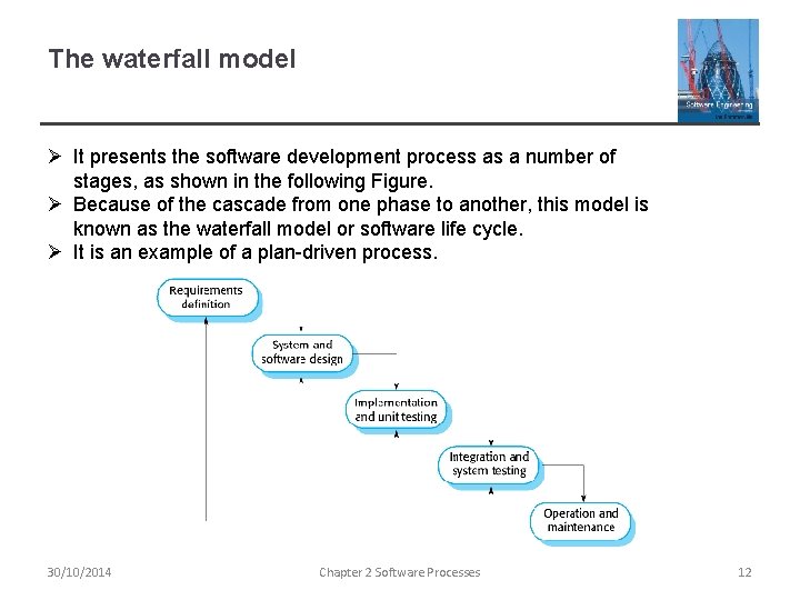 The waterfall model Ø It presents the software development process as a number of