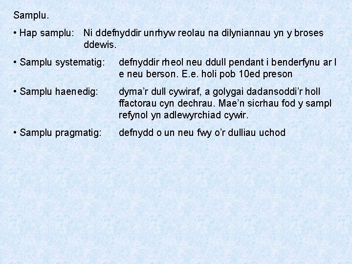 Samplu. • Hap samplu: Ni ddefnyddir unrhyw reolau na dilyniannau yn y broses ddewis.