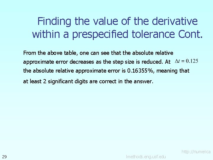 Finding the value of the derivative within a prespecified tolerance Cont. From the above