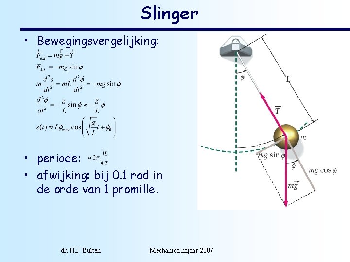 Slinger • Bewegingsvergelijking: • periode: • afwijking: bij 0. 1 rad in de orde