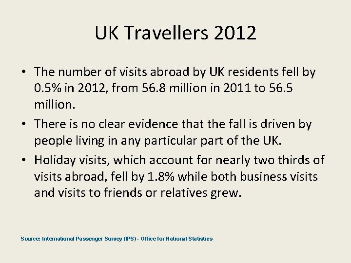 UK Travellers 2012 • The number of visits abroad by UK residents fell by