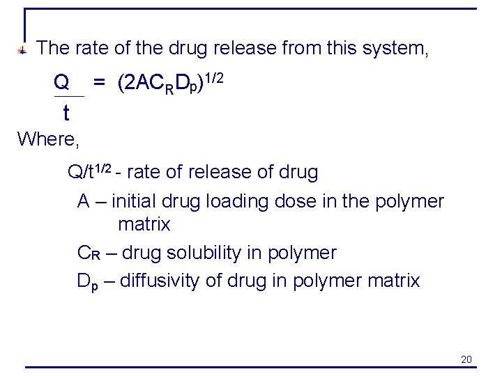 The rate of the drug release from this system, Q = (2 ACRDp)1/2 t