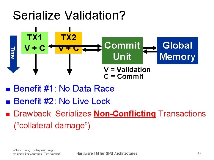 Serialize Validation? Time TX 1 V+C TX 2 VStall +C Commit Unit Global Memory