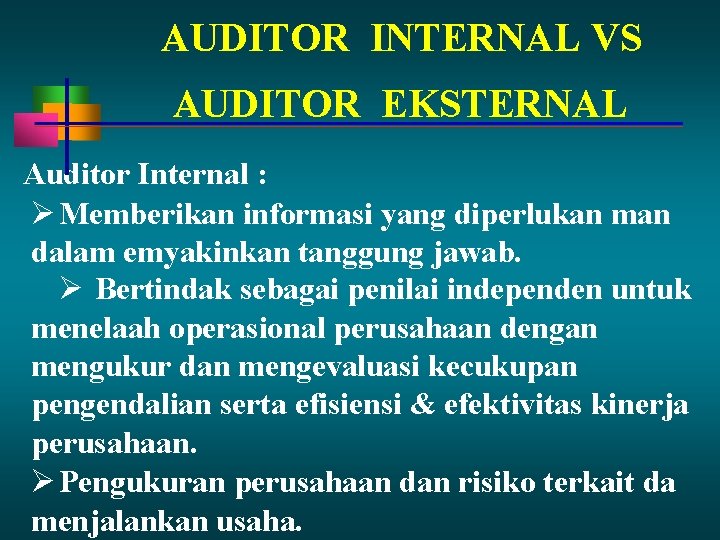 AUDITOR INTERNAL VS AUDITOR EKSTERNAL Auditor Internal : Memberikan informasi yang diperlukan man dalam AUDITOR INTERNAL VS AUDITOR EKSTERNAL Auditor Internal : Memberikan informasi yang diperlukan man dalam
