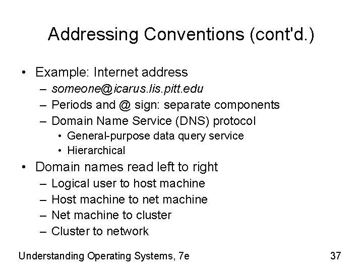 Addressing Conventions (cont'd. ) • Example: Internet address – someone@icarus. lis. pitt. edu –