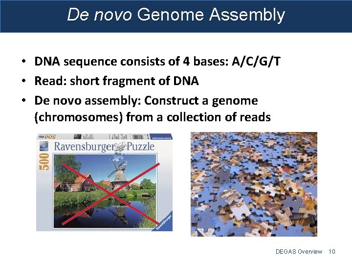 De novo Genome Assembly • DNA sequence consists of 4 bases: A/C/G/T • Read: