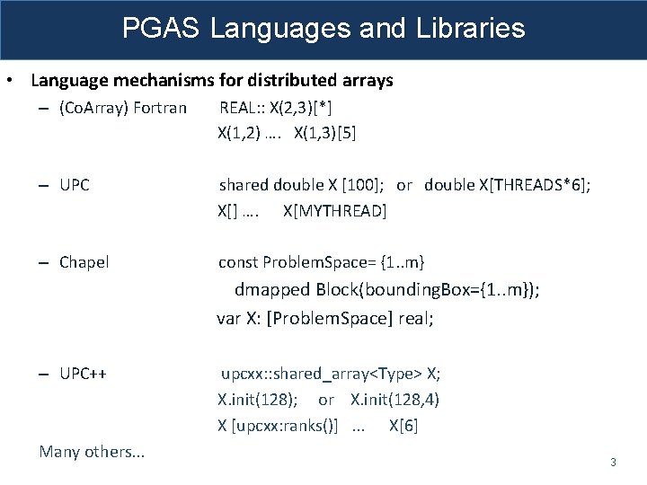 PGAS Languages and Libraries • Language mechanisms for distributed arrays – (Co. Array) Fortran