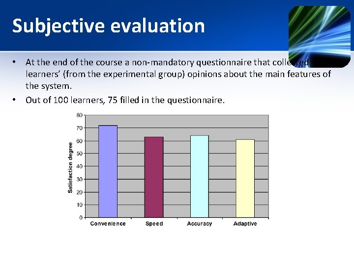 Subjective evaluation • At the end of the course a non-mandatory questionnaire that collected Subjective evaluation • At the end of the course a non-mandatory questionnaire that collected