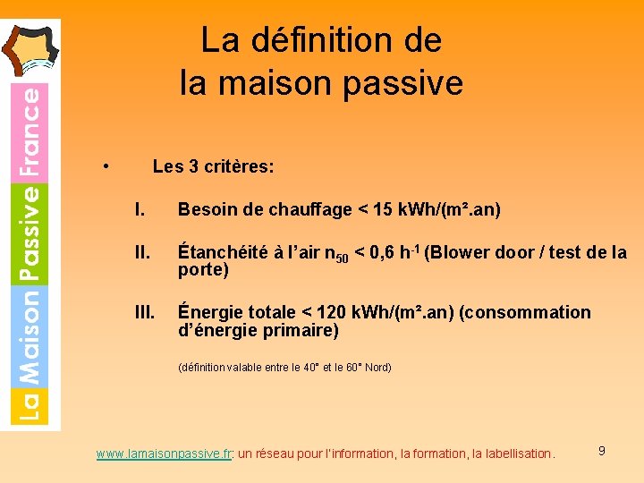 La définition de la maison passive • Les 3 critères: I. Besoin de chauffage