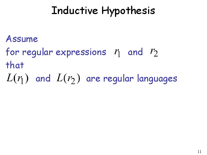 Inductive Hypothesis Assume for regular expressions and that and are regular languages 11 Inductive Hypothesis Assume for regular expressions and that and are regular languages 11