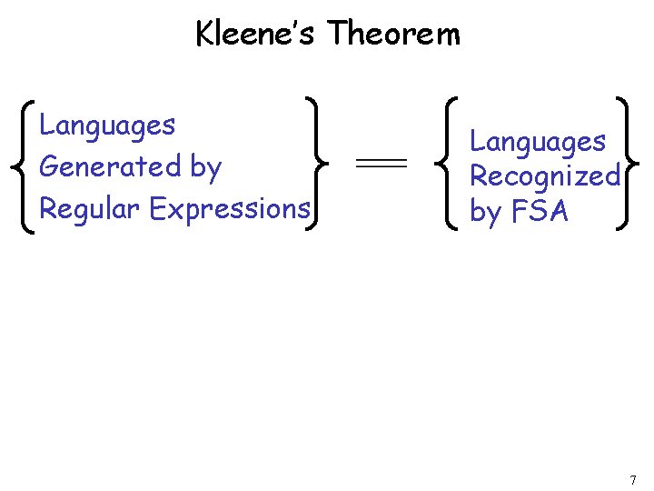 Kleene’s Theorem Languages Generated by Regular Expressions Languages Recognized by FSA 7 Kleene’s Theorem Languages Generated by Regular Expressions Languages Recognized by FSA 7
