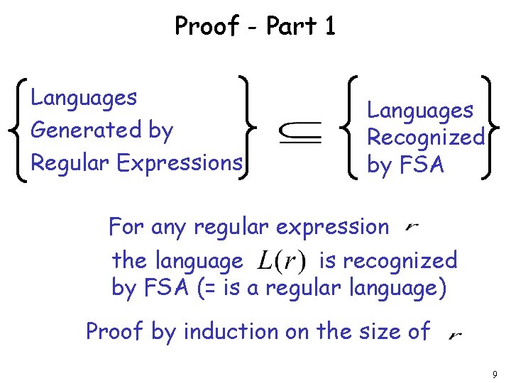 Proof - Part 1 Languages Generated by Regular Expressions Languages Recognized by FSA For Proof - Part 1 Languages Generated by Regular Expressions Languages Recognized by FSA For