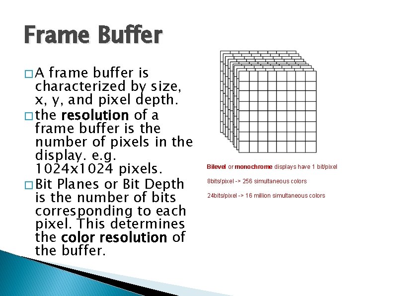 Frame Buffer �A frame buffer is characterized by size, x, y, and pixel depth. Frame Buffer �A frame buffer is characterized by size, x, y, and pixel depth.