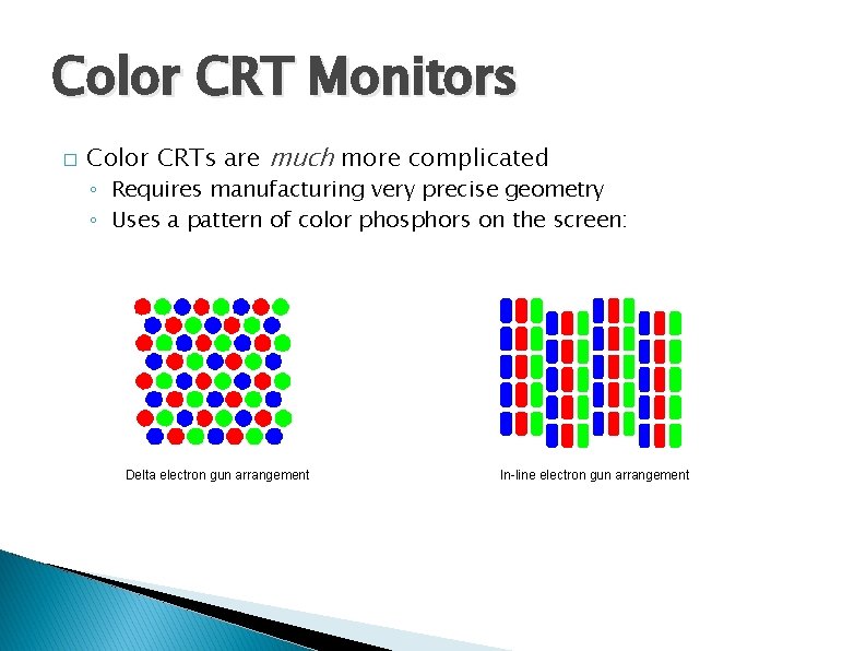 Color CRT Monitors � Color CRTs are much more complicated ◦ Requires manufacturing very Color CRT Monitors � Color CRTs are much more complicated ◦ Requires manufacturing very