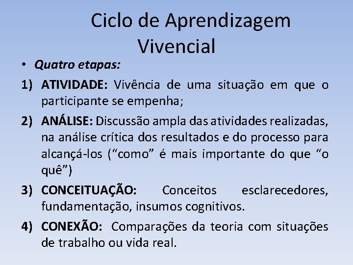 Ciclo de Aprendizagem Vivencial • Quatro etapas: 1) ATIVIDADE: Vivência de uma situação em Ciclo de Aprendizagem Vivencial • Quatro etapas: 1) ATIVIDADE: Vivência de uma situação em