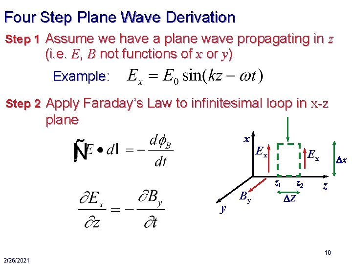Four Step Plane Wave Derivation Step 1 Assume we have a plane wave propagating