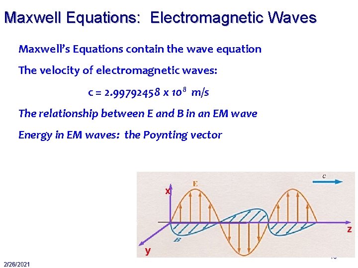 Maxwell Equations: Electromagnetic Waves Maxwell’s Equations contain the wave equation The velocity of electromagnetic