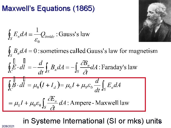 Maxwell’s Equations (1865) in Systeme International (SI or mks) units 5 2/26/2021 