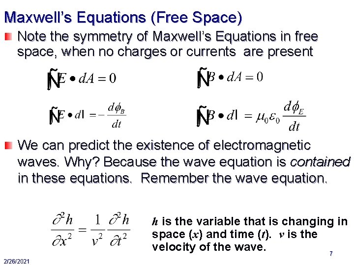 Maxwell’s Equations (Free Space) Note the symmetry of Maxwell’s Equations in free space, when