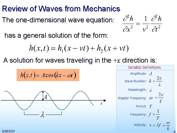 Review of Waves from Mechanics The one-dimensional wave equation: has a general solution of