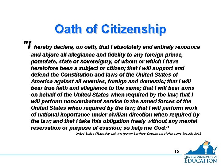 Oath of Citizenship "I hereby declare, on oath, that I absolutely and entirely renounce